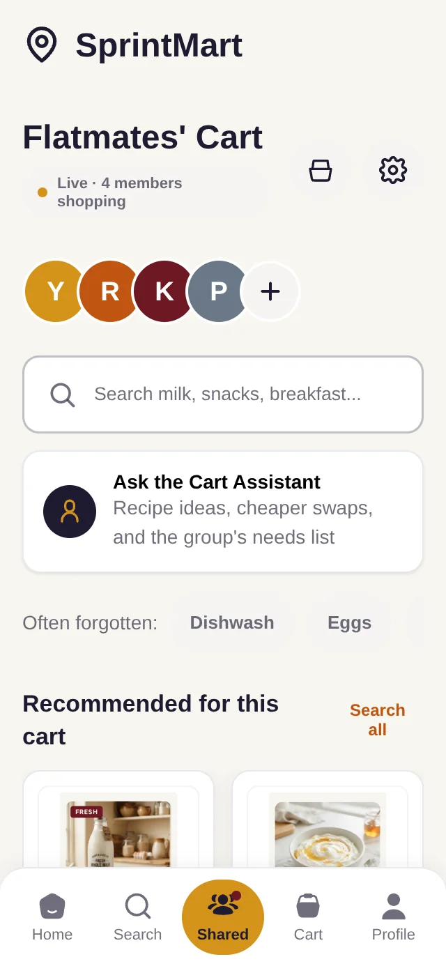 Shared Cart dashboard — four members live in one cart